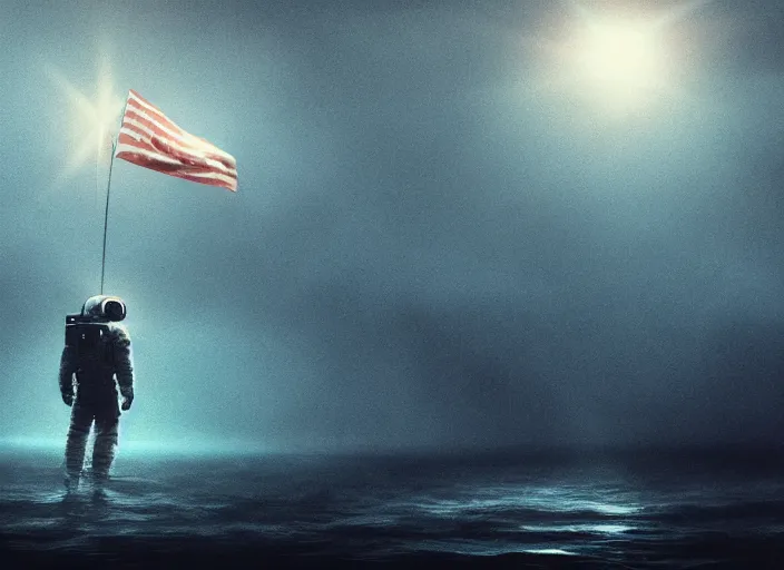 Image similar to astronaut holding a flag in an underwater desert. a submarine is visible in the distance. dark, concept art, cinematic, dramatic, atmospheric, 8 k, trending on artstation, blue, fish, low visibility, fog, ocean floor, christopher nolan, interstellar