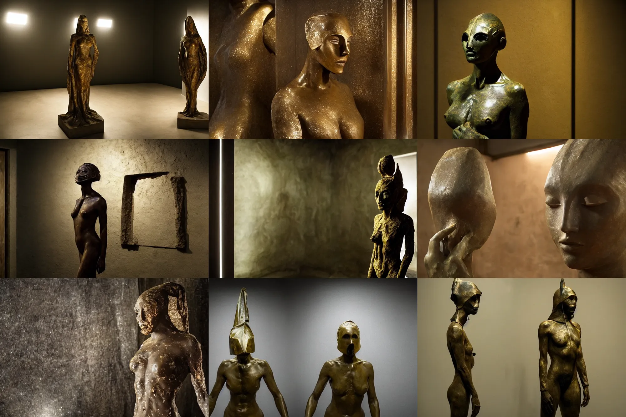 Prompt: the full body shot of sculture of woman in bronze mask covered with wax inside the dark room without doors and windows | interstellar movie by ridley scott with cinematogrophy of christopher doyle and art direction by hans giger, anamorphic bokeh and lens flares, 8 k, higly detailed masterpiece