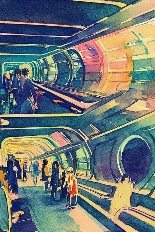 Image similar to a 70s impressionist watercolor of a retro 70s sci-fi psychedelic underground train station by Syd Mead and by Gail Brodholt, by Wes Anderson, spiraling design