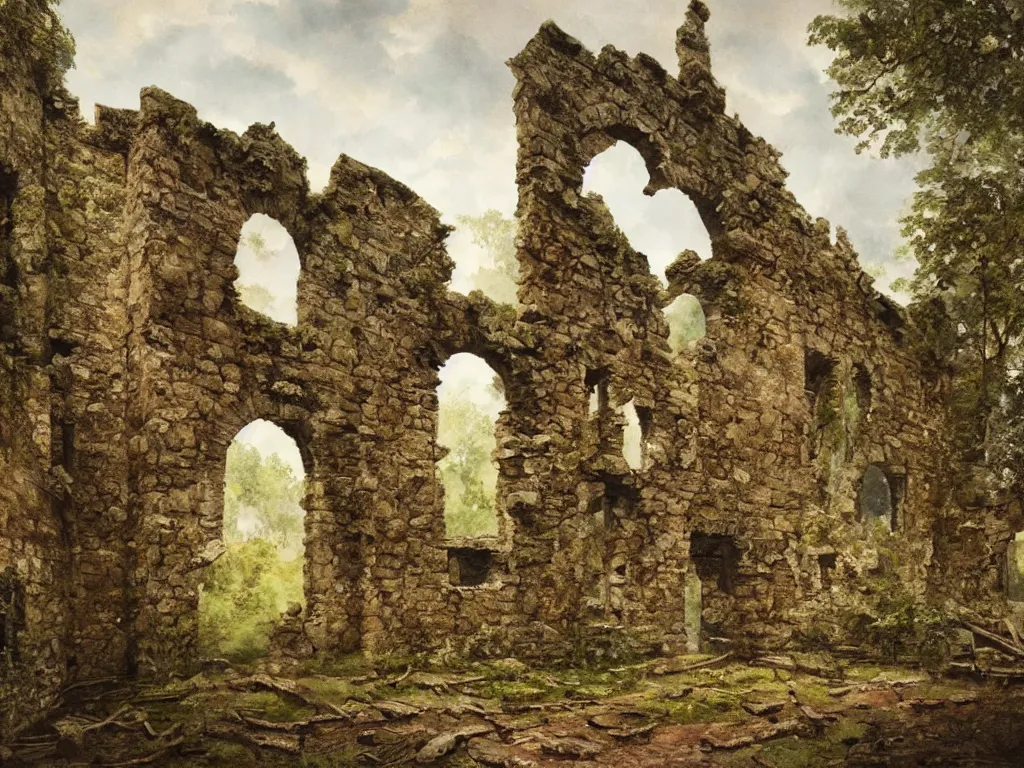 Image similar to A water painting of a dilapidated ancient castle building in the wood