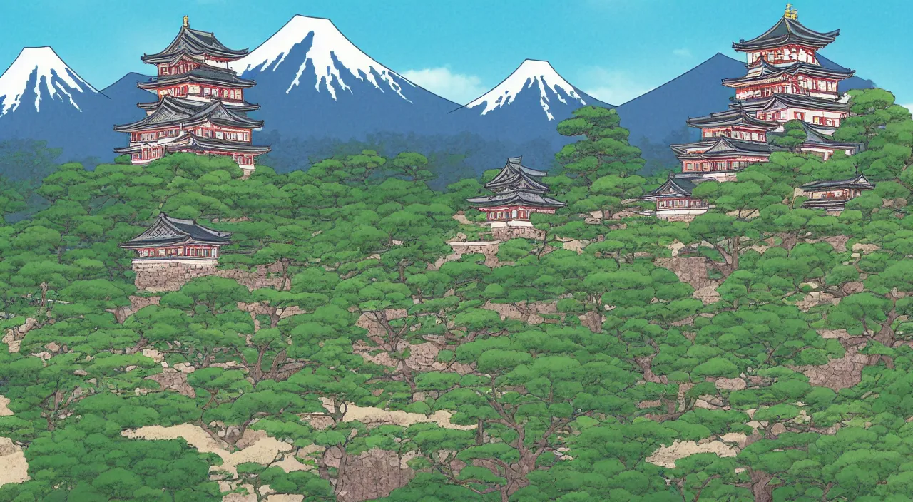 Prompt: a Japanese castle, with a garden as foreground, with mountains as background, in the style of anime, by studio Ghibli