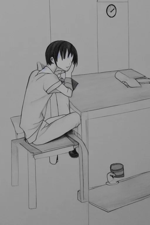 Image similar to anime drawing, a student sitting looking at the clock on the wall