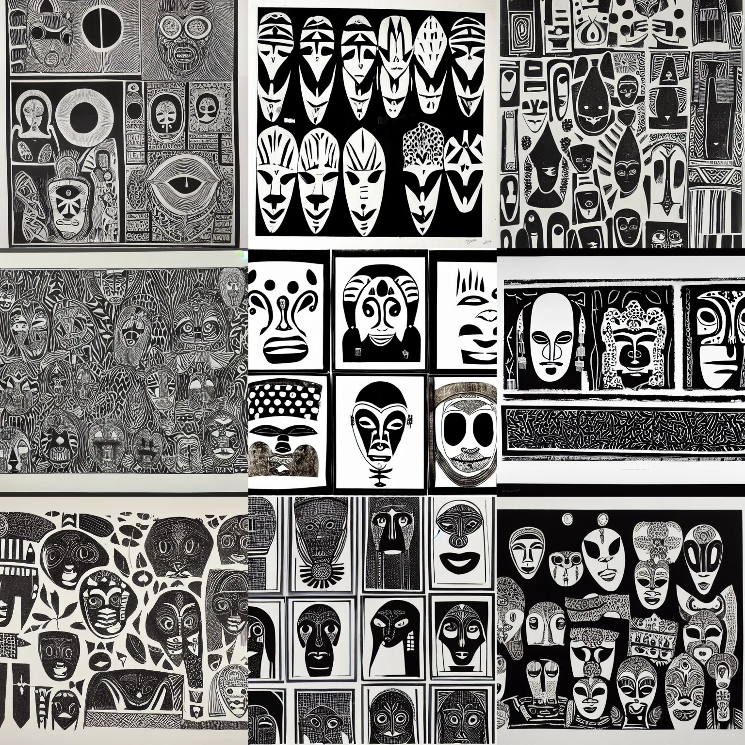 Prompt: A black and white screen print of gallery from the 60s, anthropology, exotic, masks, ethnography, screen printing