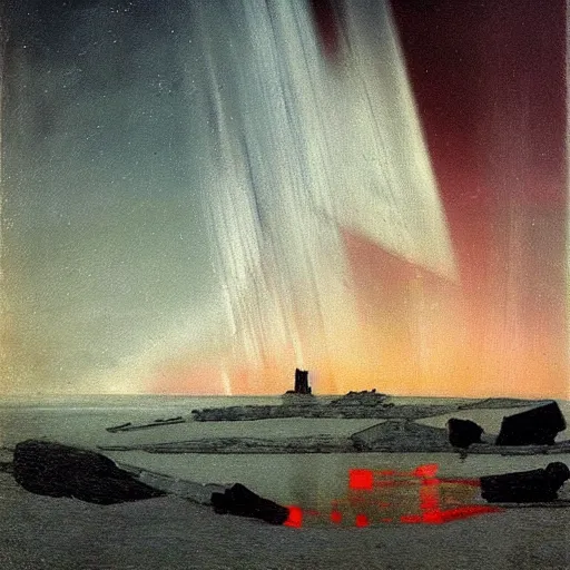 Image similar to the epic abstract painting'blue arctic void with black and red aurora borealis above a tiny inuit village ', by caspar david friedrich!!!, by rothko!!!, stunning masterpiece, trending on artstation