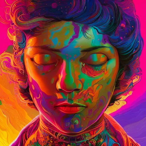 Image similar to An extremely psychedelic experience, colorful, surreal, dramatic lighting, cosmonaut, LSD, face, detailed, intricate, elegant, highly detailed, digital painting, artstation, concept art, smooth, sharp focus, illustration, art by Sam Spratt, Dan Mumford, Artem Demura and Alphonse Mucha