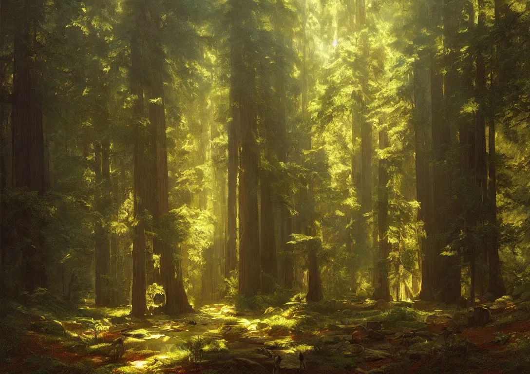 Prompt: a peaceful sanctuary in a beautiful california redwood forest, light streams through the trees, art by albert bierstadt and greg rutkowski, hyperrealism