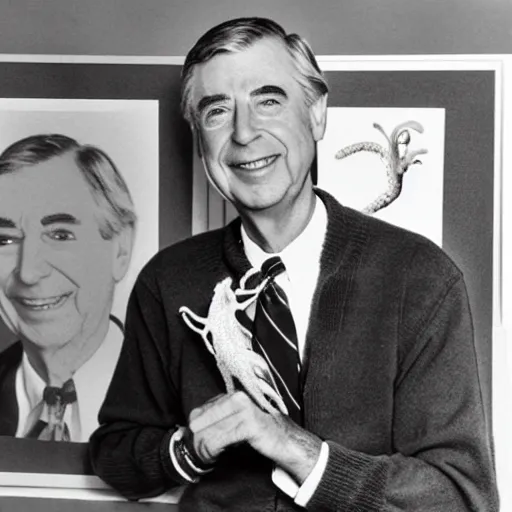 Image similar to mr. rogers proudly displaying his mr. rogers made of octopus, color production backstage photo