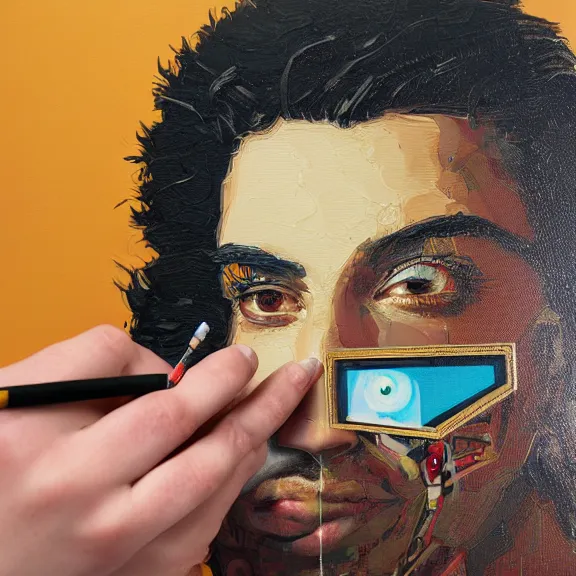 Prompt: robot artist painting a self - portrait on a canvas. intricate, highly detailed, photorealistic, film still, by alexandros pyromallis, sachin teng, hans thoma.