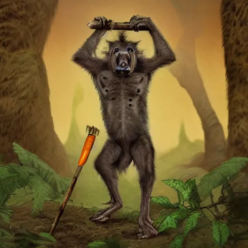 Image similar to “tall Goblin Bigfoot human hyena hybrid with a hyena face and mange holding a spear, jungle background, sickly, orange fur, realistic, nature photography”