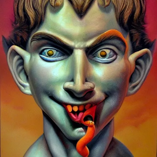 Image similar to beautiful lifelike painting of peter pan pinocchio dionysus, hyperreal detailed facial features and uv lighting, art by ed roth and basil wolverton