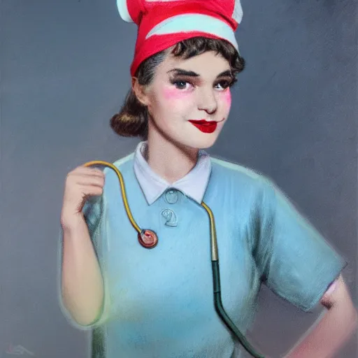 Image similar to retro 1 9 5 0 s clowncore pastel punk hospital nurse wearing stylish head - wear. detailed, portrait, 8 k, artwork by jean - baptiste monge