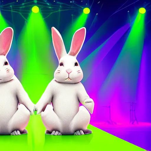 Image similar to two rabbits laying music on a stage with green and pink stage lights