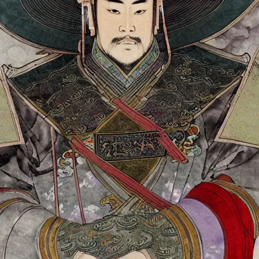 Prompt: dynamic composition, motion, ultra-detailed, incredibly detailed, a lot of details, amazing fine details and brush strokes, colorful and grayish palette, smooth, HD semirealistic anime CG concept art digital painting, watercolor oil painting of a Tang Ming dynasty chinese tao fantasy general wearing armor, from Three Kingdoms, by a Chinese artist at ArtStation, by Huang Guangjian, Fenghua Zhong, Ruan Jia, Xin Jin and Wei Chang. Realistic artwork of a Chinese videogame, gradients, gentle an harmonic grayish colors