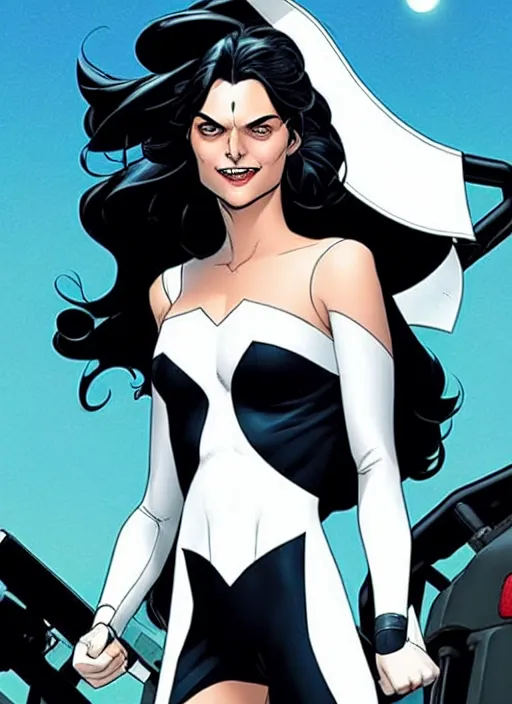 Prompt: Rafeal Albuquerque comic art, Joshua Middleton comic art, pretty female very pale white skin Phoebe Tonkin as Domino superhero X-MEN comics, black spot over left eye, fun smile, full body x-force outfit, long wavy black hair:: sunny weather::