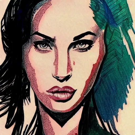 Prompt: tattoo sketch of megan fox's face shape in amazing mountain scenery, in the style of dan mountford