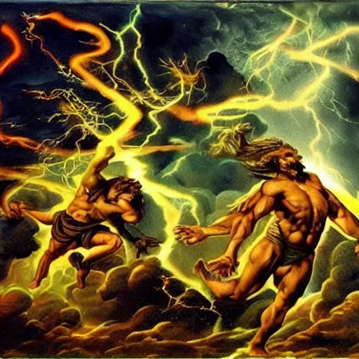 Image similar to zeus throwing down his thunderbolts upon the earth, apocalyptic imagery, anger, nature's cycles, the end and the beginning, renewal, beauty, various angles, various art styles