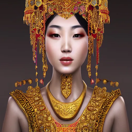 Prompt: an asian female goddess, ornate, headpiece, 8 k, photorealistic, intrinsic details, trending in artstation