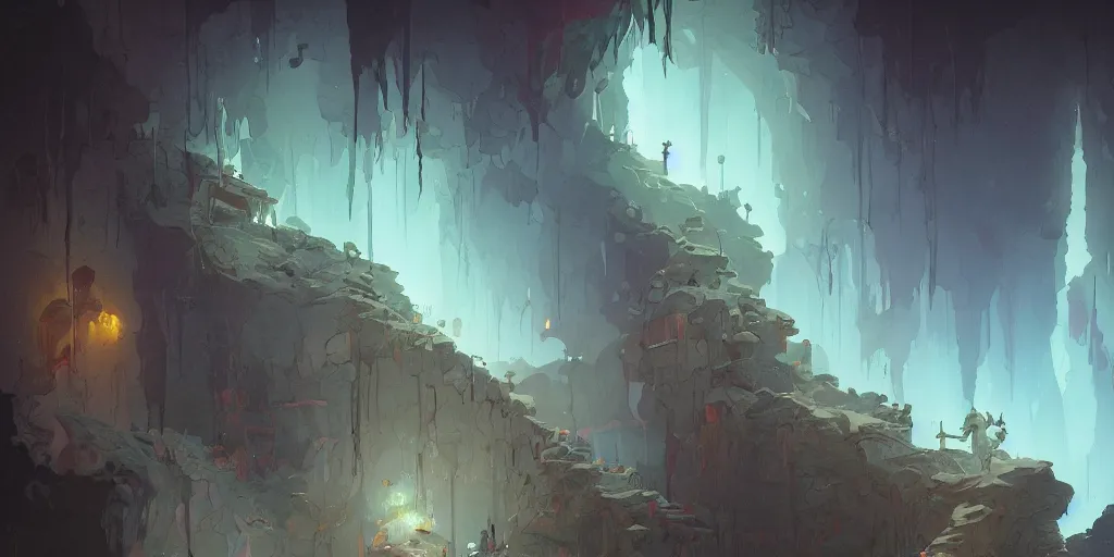 Prompt: close up painting of wall in a deep dark cave with ground, comics, clean line, no people, illustration by peter mohrbacher! and moebius and rhads, clean thick line, vivid colors, comics style