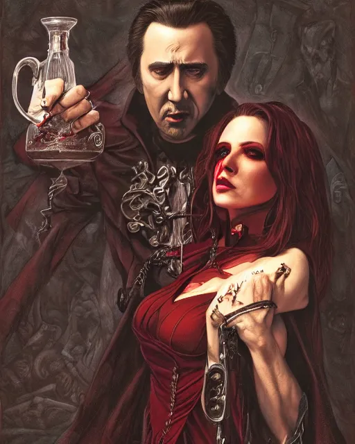 Image similar to nicolas cage as dracula, drink blood, highly detailed, centered, artstation, concept art, smooth, sharp focus, illustration, bokeh art by artgerm and donato giancola and joseph christian leyendecker