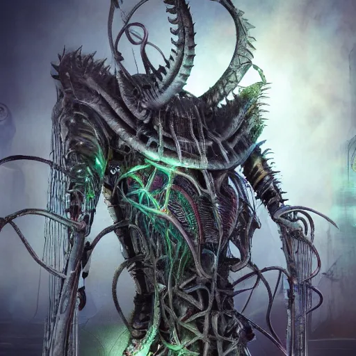 Image similar to biomechanical phyrexian dreadnought plus borg queen hybrid being possessed by the machine spirit artists tram pararam and doctor seuss with beryl cook and hr giger neon high contrast cinematic light, mystical shadows, sharp focus, octane render