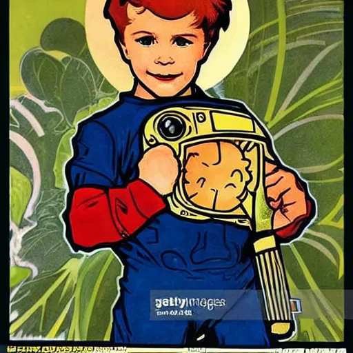 Image similar to a cute little boy with a mischievous face and short ginger hair. he is dressed as an astronaut. well composed, clean elegant painting, beautiful detailed face. comic book art by steve ditko and jack kirby and ( alphonse mucha )