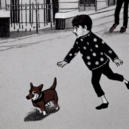 Image similar to book illustration of a french boy on the streets of paris playing football against a corgi, the dog is wearing a polka dot scarf, 1 9 6 6