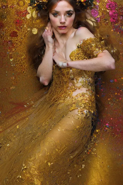 Image similar to an intricate painting of a beautiful young lady surrounded by flowing flower petals covered in silk clothes with klimt golden motives and textures, hyper detailed, ornamental gold headpiece, octane render, vivid colors, artstation, by jeremy mann, by alphonse mucha, by boris vallejo