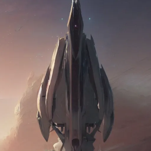 Image similar to concept art of a large space vessel in the shape of an spear by greg rutkowski