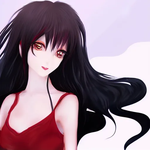Image similar to professional anime digital art of a beatiful girl with long black hair; red eyes; face portrait; beautiful, appealing face, trending art