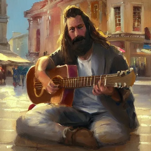 Image similar to oil painting of a man with long hair and a beard with his golden retrever dog playing guitar in the square for money, by greg rutkowski, artstation