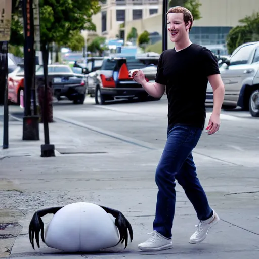 Image similar to Mark Zuckerberg crab walking to the dollar store