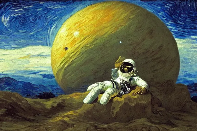 Image similar to an astronaut taking sun bath from Jupiter, beautiful, national geographic, very detailed, astrophotography, oil painting, canvas, Vincent van Gogh, Caspar David Friedrich, Albert Bierstadt