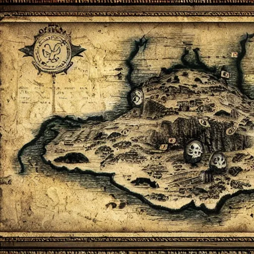 Image similar to old torn treasure map showing the treasure of skull island, pirates treasure map, high detail, high res, hyperrealistic, skull island