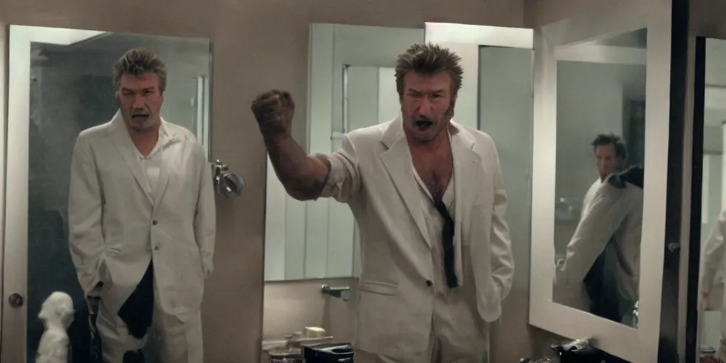 Image similar to ultra wide angle photo of alec baldwin dressed as blake, from glengarry glenn ross, looking at himself in a bathroom mirror and seeing his reflection as a hairy australopithecines like ape version of himself