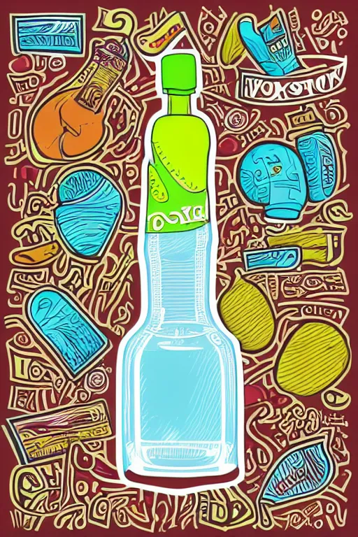 Prompt: Vodka bottle , sticker, colorful, illustration, highly detailed, simple, smooth and clean vector curves, no jagged lines, vector art, smooth