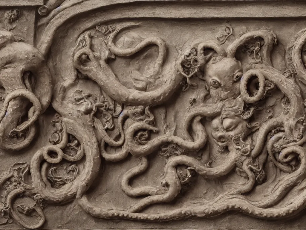 Image similar to twin embryos and octopus with machine gun bas-relief, baroque, highly detailed