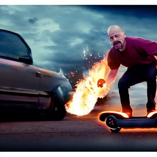 Image similar to photo of walter white on a hoverboard with an exploding car behind him, color, cinematic lighting