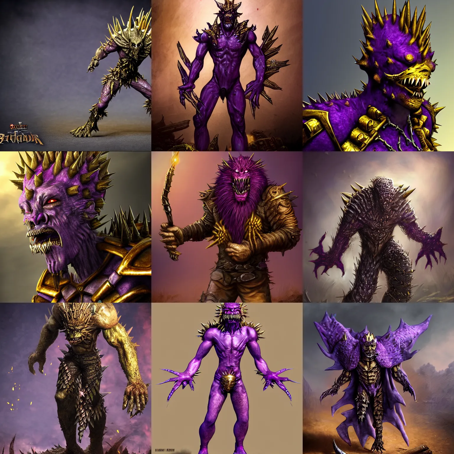 Prompt: ugly monster by Chris Metzen, spikes on the body, skin spikes, purple skin, skinny, gold armor, battleground background, battlefield