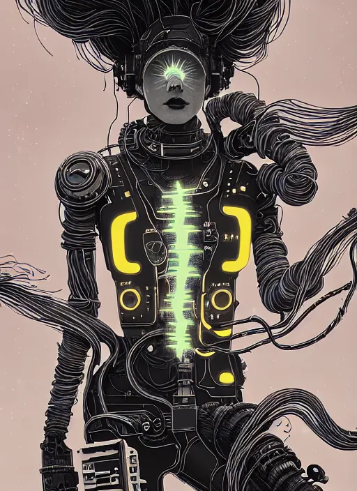 Image similar to highly detailed portrait of wasteland punk long curly neon white plasma electricity hair tribal lady, stray electric spark wiring by atey ghailan, james gilleard, by joe fenton, by greg rutkowski, by greg tocchini, by kaethe butcher, 4 k resolution, gradient yellow, black and white color scheme!!! ( ( lightning cloudy robotic dystopian city background ) )