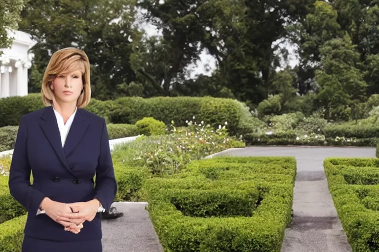 Image similar to < https : / / s. mj. run / njkon _ r 0 u 6 g > press photo of a beautiful 3 5 year old powerful white female president in a suit, being held romantically by her two younger white boyfriends in the white house rose garden, professional photo, press photo, glamorous, 8 k photorealistic, very detailed