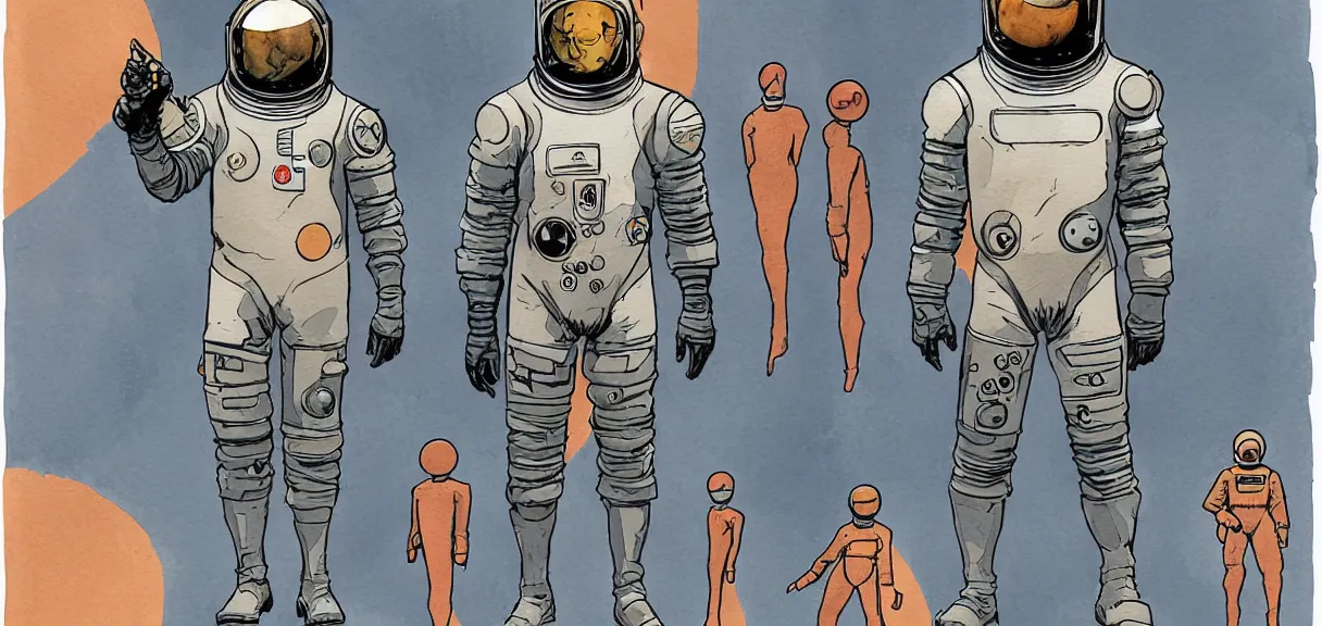 Image similar to male, full body, space suit with a modern helmet, character sheet, science fiction, very stylized character design, pen and ink, digital painting, watercolor wash, by mike mignola, by alex maleev, jean giraud