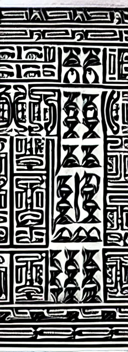 Image similar to ornate sumerian art, black and white, very ancient design, intricate organization, detailed cuneiform