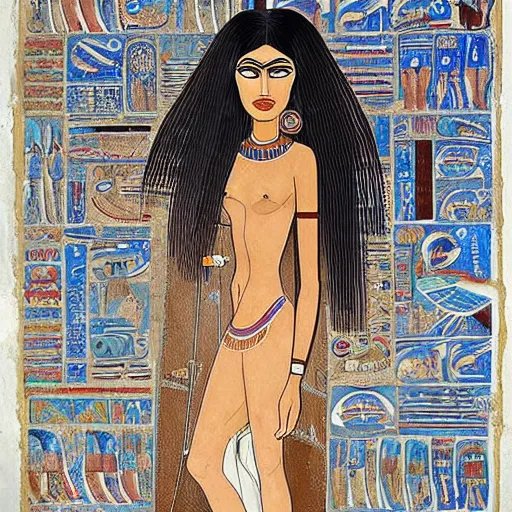 Image similar to A beautiful performance art. She has deeply tanned skin that makes me think of Oort, an almond Asian face and a compact, powerful body. ancient egyptian mural by Dustin Nguyen ghostly, washed-out
