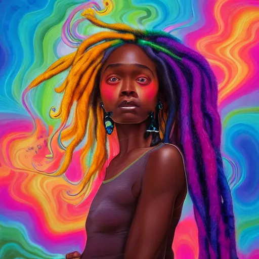 Image similar to a wide angle shot of a black girl with colorful dreadlocks in a field of candy, by Adi granov and afarin sajedi and amanda sage and evgeni gordiets and Agostino Arrivabene and adonna khare in a psychedelic portrait style, ultrarealistic matte painting, volumetric lighting, fractal, extremely symmetrical, highly detailed face, orisha, 8k, hd