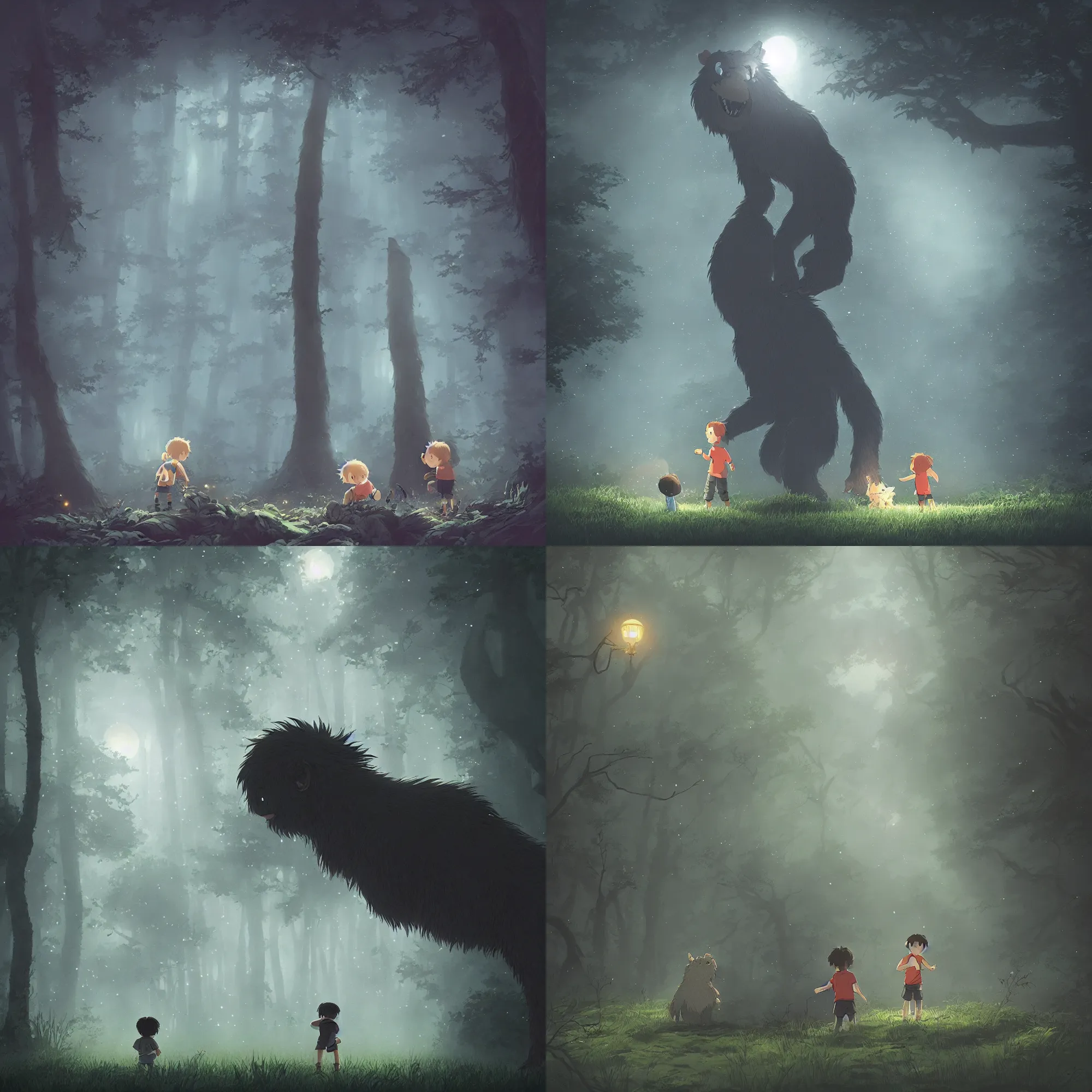 Image similar to a small boy discovers a giant hairy monster in a misty moonlit forest, surrounded by fireflies, art by studio ghibli, trending cgsociety, cinematic lighting