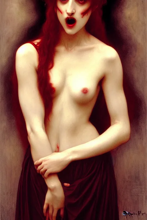 Image similar to vampire in big hate, painting by rossetti bouguereau, detailed art, artstation