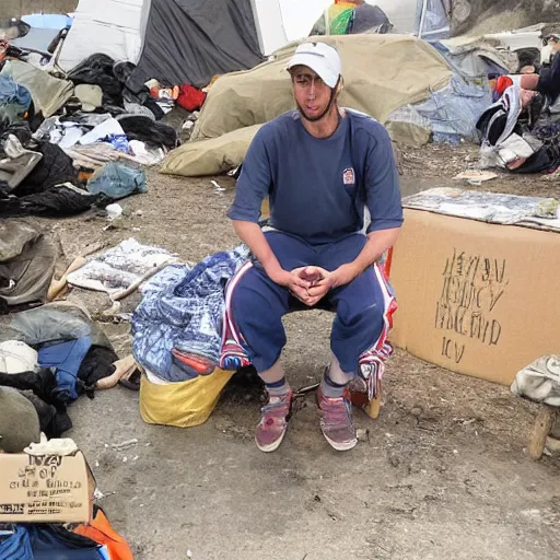 Image similar to homeless trump in a homeless camp, wearing cheap dirty clothes and maga hat, dirty