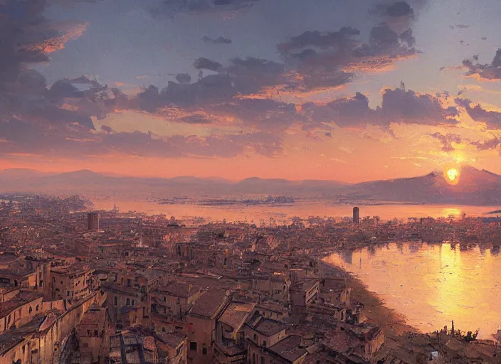 Image similar to A painting of a panoramic view of Pescara at sunset, by Greg Rutkowski and James Gurney, trending on Artstation, highly detailed