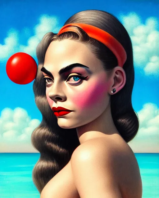 Prompt: closeup profile portrait of a 1 9 5 0 s cara delevigne wearing a bikini, mark ryden, lostfish, max fleischer, hyper realistic, artstation, illustration, digital paint, matte paint, vivid colors, bright, cheerful, detailed and intricate environment