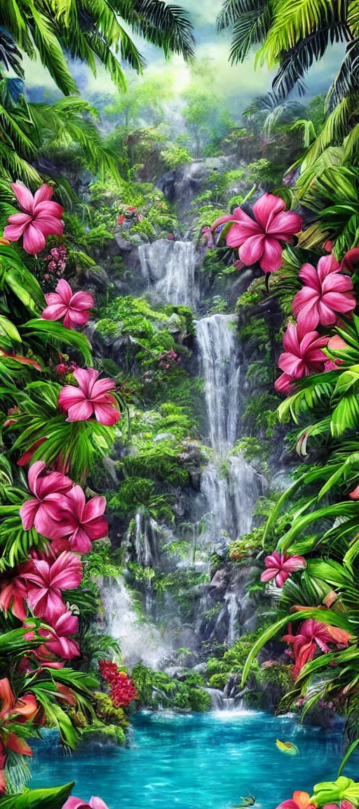 Prompt: cascading concept art of an exotic garden with waterfall pools, and flowers and palm trees, plumeria, hibiscus, detailed, highly detailed, aesthetic, realistic, hyper realism, colorful, in depth, intricate,